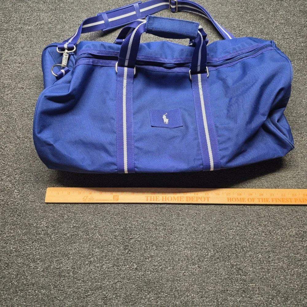 Polo Ralph Lauren Duffel Bag Blue Unisex Large Canvas Striped Strap Travel Bag